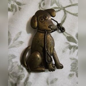 Vintage JJ Jonette Jewlery Charming Brass Dog With Leash Brooch